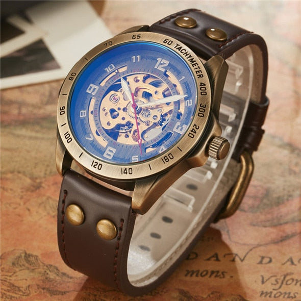 Retro Style Men Automatic Mechanical Watch Skeleton Steampunk Genuine Leather Band Mens Self Winding Wrist Watches Men Reloj