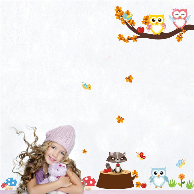 Forest Tree Branch leaf Animal Cartoon Owl Monkey Bear Deer Wall Stickers For Kids Rooms Boys Girls Children Bedroom Home Decor