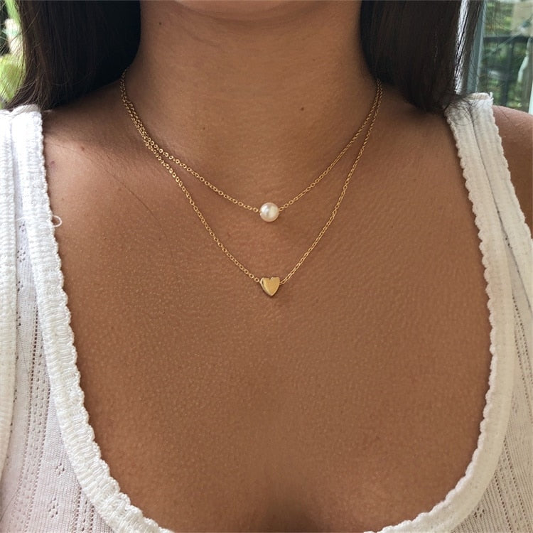 Hot Sale Fashion Sweet Double Layers Imitation Pearls Heart-shaped Droplets Pendants Necklaces Cheap Clavicle Jewelry For Women