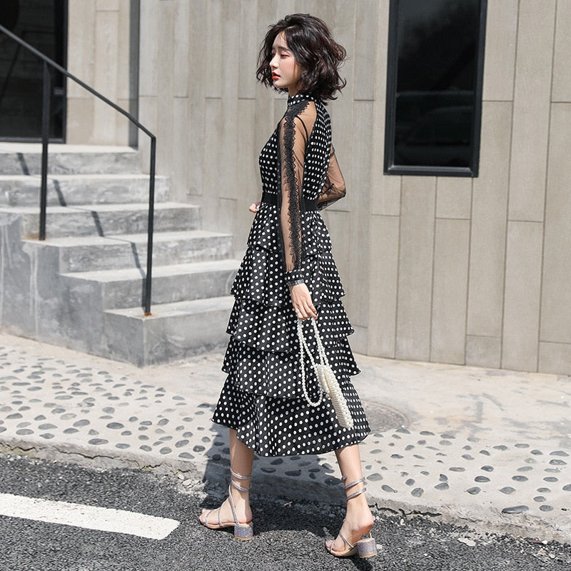 Fashion new chiffon dress transparent long-sleeved polka dot dress ladies elegant temperament long dress