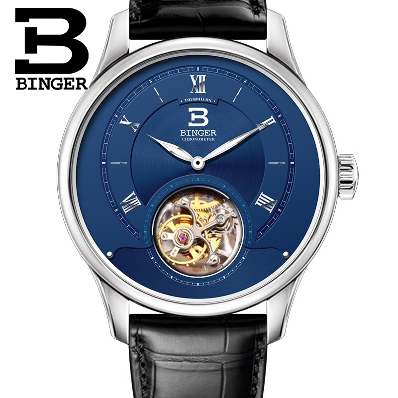 High Quality Seagull Tourbillon Mechanical Watch Crocodile Leather Strap Sapphire Men Skeleton Automatic Watch BINGER Blue dial