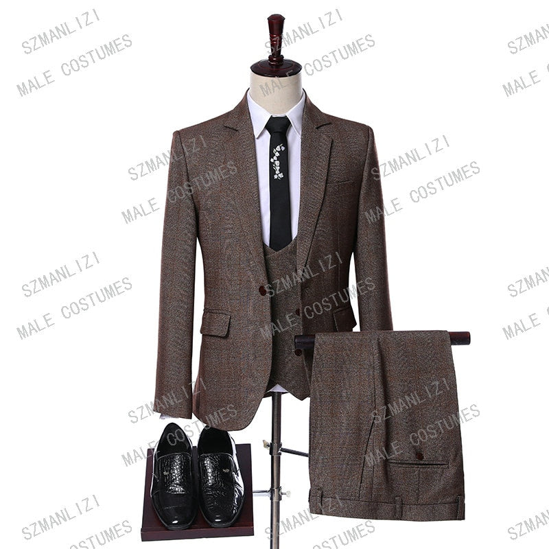 2020 Classic Business Plaid Men Suits New Design Custom Made Slim Fit 3 Pieces Wedding Suits For Men Dinner Party Groom Tuxedo