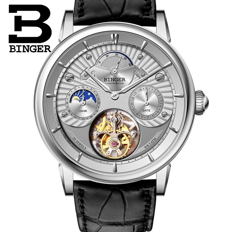 High Quality Seagull Tourbillon Mechanical Watch Crocodile Leather Strap Sapphire Men Skeleton Automatic Watch BINGER Blue dial