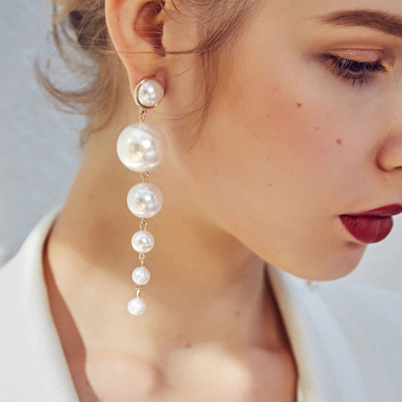 Trendy Elegant Created Big Simulated Pearl Long Earrings Pearls String Statement Drop Earrings For Women Wedding Party Gift