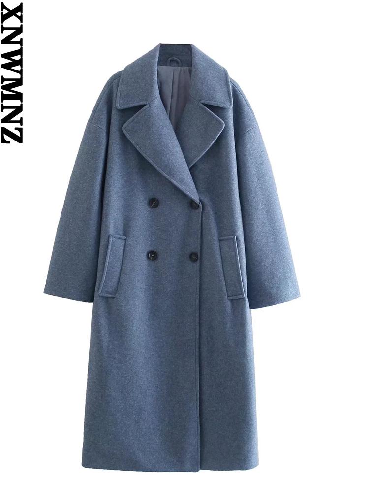 XNWMNZ women double breasted loose woolen coat lapel collar long sleeves Solid Women's Casual oversize coat Autumn Winter