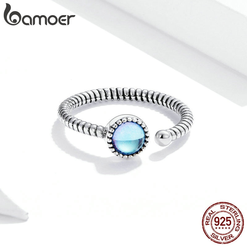 bamoer 925 Sterling Silver Moonlight Lover Finger Rings for Women Vintage Retro Synthetic Moonstone Rings Fine Jewelry SCR698