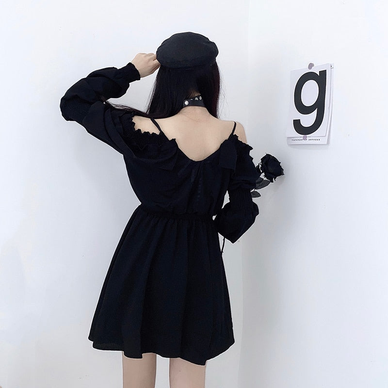 Women Dress M-4XL Lace Up Black Autumn 2022 Sexy High Waist Femme Dresses Off Shoulder Long Sleeve Gothic Clothes