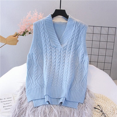 Autumn Women's Sweater Vest V-neck Sleeveless Irregular Casual Loose Knitted Pullover Tops Female Outerwear