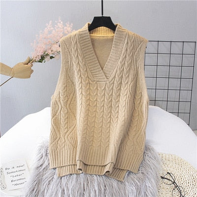 Autumn Women's Sweater Vest V-neck Sleeveless Irregular Casual Loose Knitted Pullover Tops Female Outerwear