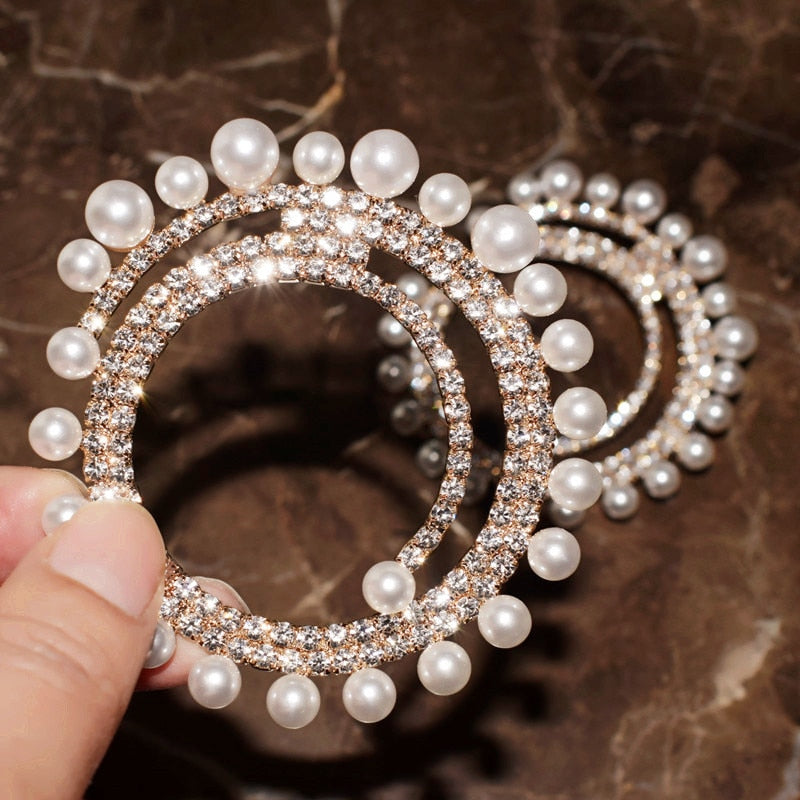 New Rhinestone Pearls Sun-Charms Big Dangle Earrings For Women Fashion Jewelry Exaggerated Ladys&