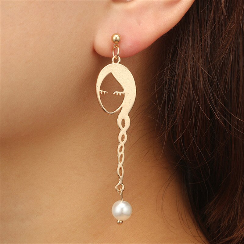 Face earrings Geometric contracted fashion pearl earrings female Fashion women Metal hollow out gold stud earrings for women