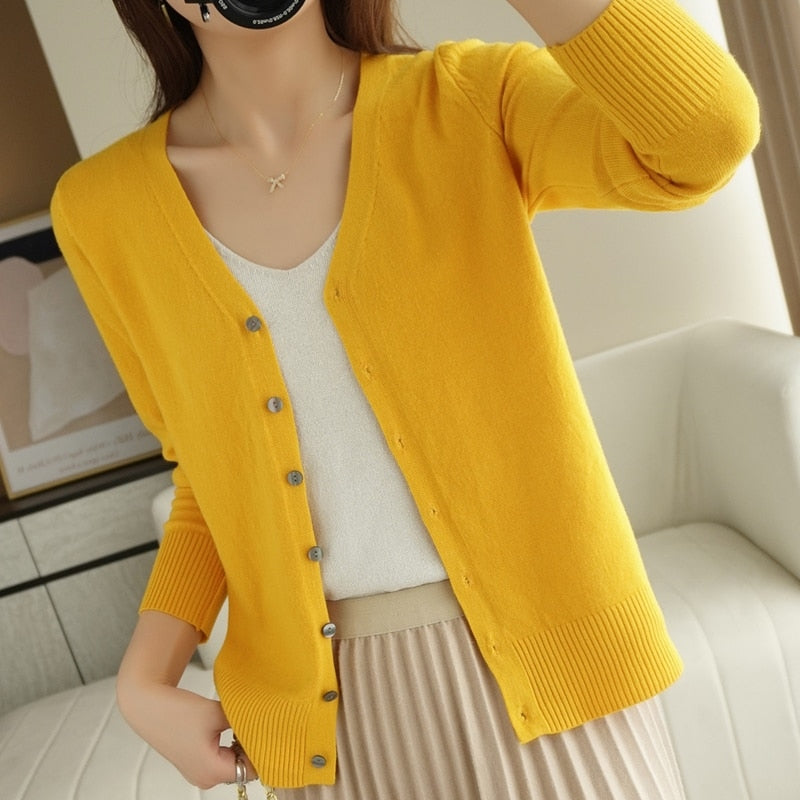 Spring Autumn New V-Neck Knitted Cardigan Women's Loose Large Size Thin Sweater All-Match Jacket Pure Color Basic Small Cardigan