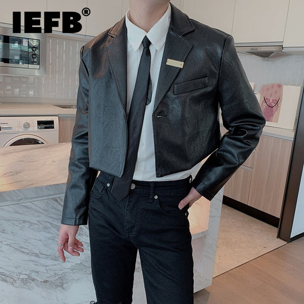 IEFB Korean Men&#39;s Sheet Metal Spliced PU Leather Blazers New Loose Notched Single Button Short Suit Jacket Tide Autumn 2022