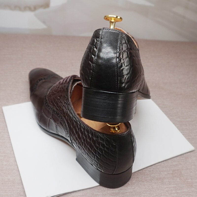 Elegant Men's Leather Shoes Lace up Cap Toe Brown Black Crocodile Prints Dress Formal Shoes Wedding Office Oxford Shoes For Men