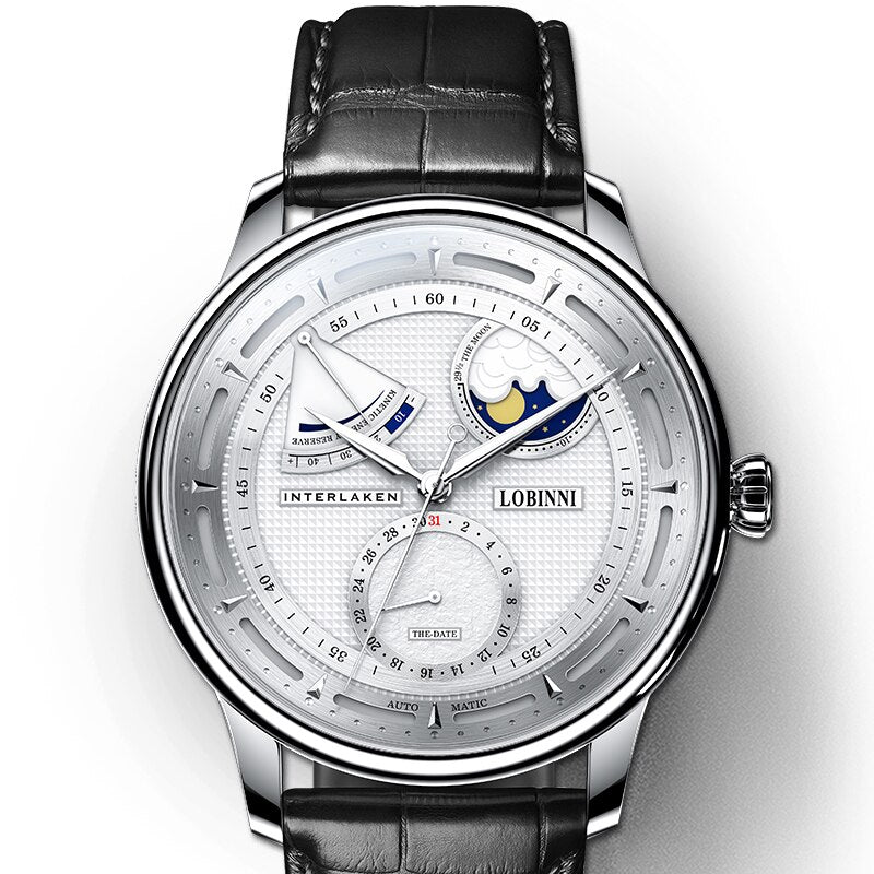 LOBINNI Luxury Mens Watches Moon Phase Men Automatic Watch Mechanical Wristwatch Sapphire Mirror Power Reserve Leather Strap
