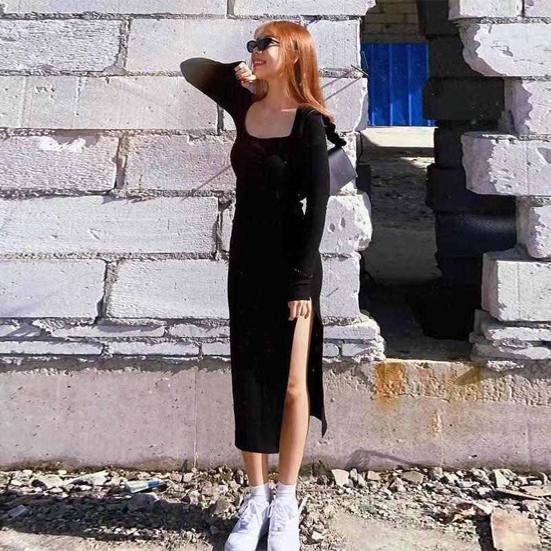 Women Long Sleeve Dress Mid-calf Length Square Collar Black Sheath Retro Slim Sexy Vintage Side Slit Stretchy All-match Simple