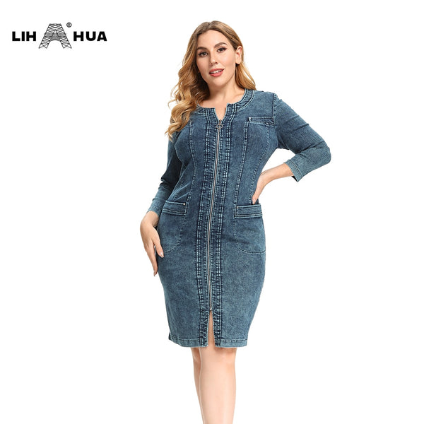 LIH HUA Women&#39;s Plus Size Denim Dress High Flexibility Slim Fit Dress Casual Woven Dress