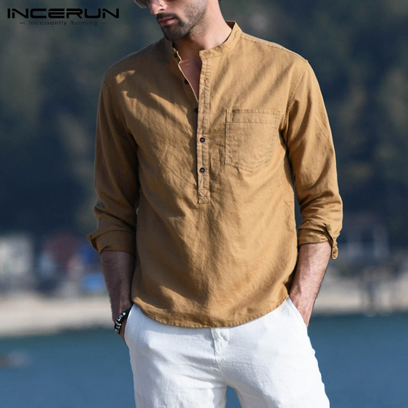 INCERUN Men's Casual Shirt Cotton Solid Color Long Sleeve Blouse Chic Stand Collar Fashion Handsome Tops 2022 Streetwear Camisas