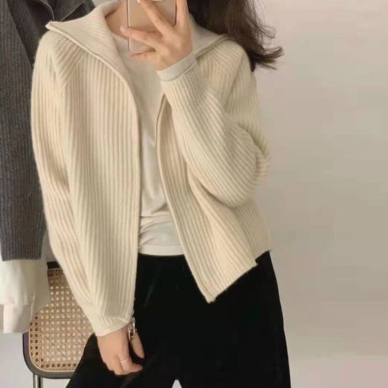 Sweater Cardigan Women Spring New Solid Vintage All-match Elegant Zipper Loose Daily Soft Sweet Simple Casual Knitwear Chic Teen