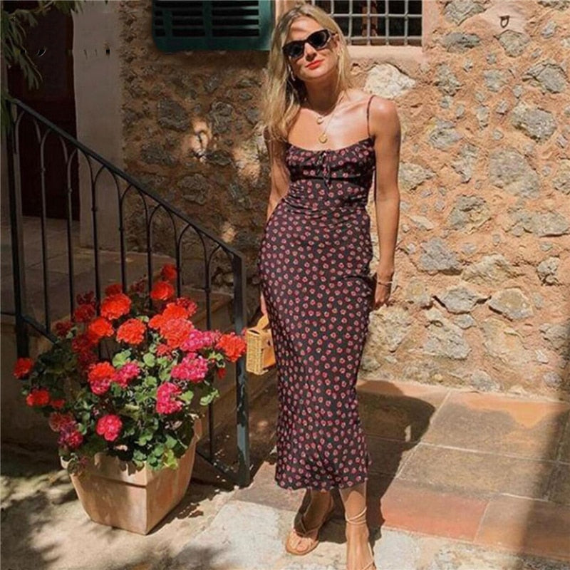 Floral Retro midi dress sleeveless backless Spaghetti Straps beach long dress Vintage bohemian black red rose floral dress women