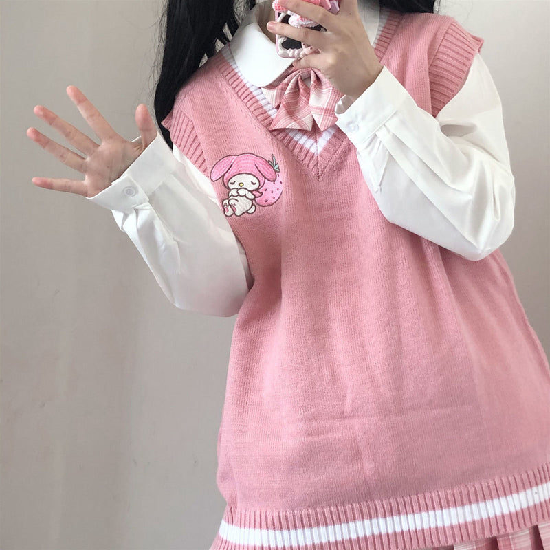 Kawaii Kuromi Cinnamoroll My Melody Sanrioes Wool Sweater V-Neck Waistcoat Vest Cute Women&