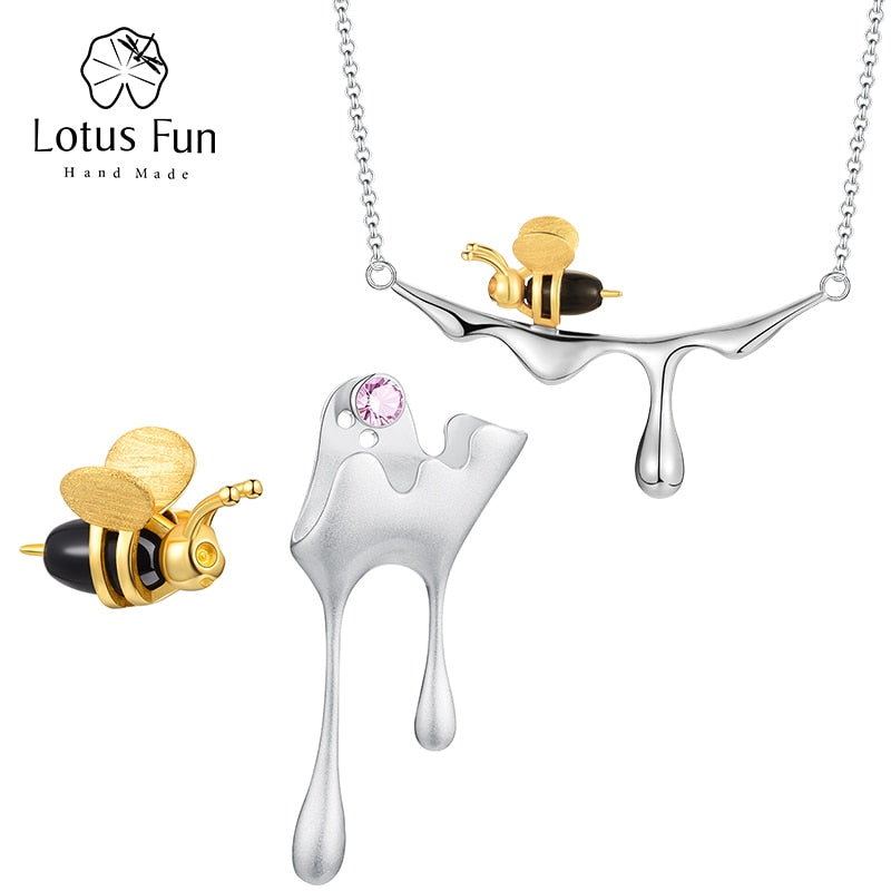 Lotus Fun 18K Gold Bee and Dripping Honey Pendant Necklace Real 925 Sterling Silver Handmade Designer Fine Jewelry for Women