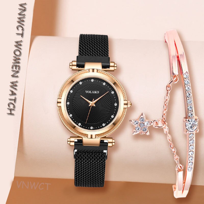 Women watch Bracelet Suit Diamond Dial Women Watches Fashion Rose Pink Magnet Buckle Ladies Quartz Wristwatches Simple Female