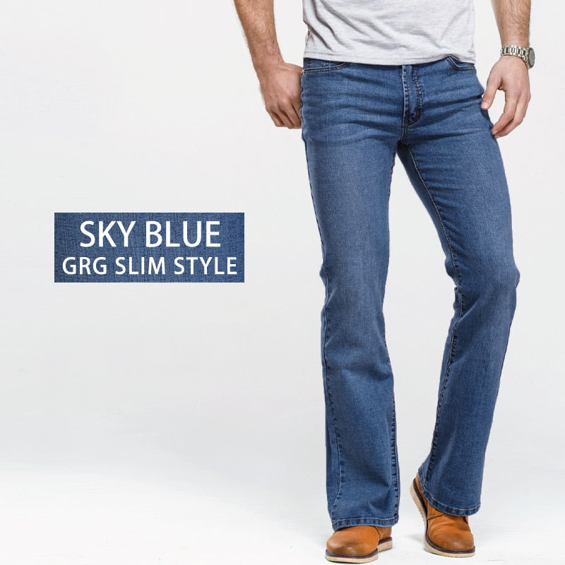Mens Boot Cut Jeans Slightly Flared Slim Fit Blue Black Trousers Designer Classic Male Stretch Denim Pants