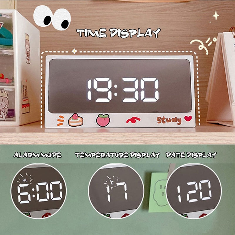 W&amp;G Ins Digital Clock Table Clock Snooze Alarm Cute Silent Mirror Clock Student Desktop LED Clock Electronic Clock for Children