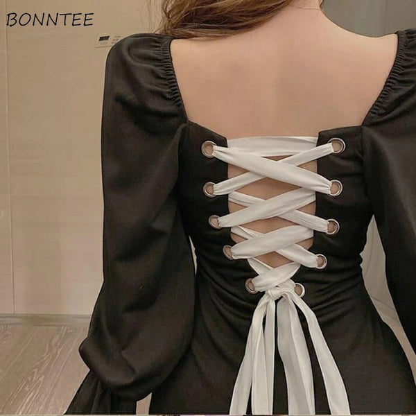 Dress Women Fashion Vintage Backless Lace-up Design Chic Black Femme Vestidos Classic Party Clubwear Retro Spring Girls Dresses