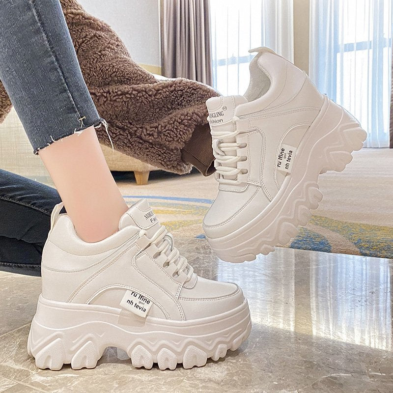 Women Leather Platform Sneakers Spring Trainers White Shoes 9CM High Heels Wedge Outdoor Sport Shoes Breathable Casual Shoes New