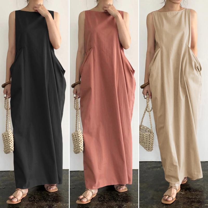 Elegant Solid Maxi Dress Women's Summer Sundress ZANZEA 2022 Casual Sleeveless sarafans Vestidos Female Cotton Robe