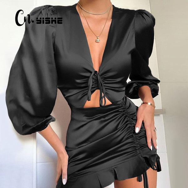 CNYISHE Sexy Deep V-neck Party Dress Women Satin Lace Up Ruffles Holow Out Ruched Dress Female Vestido Elegant Slim Mini Dresses