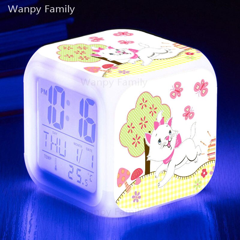 Cute Marie Cat Alarm Clock 7 Color Glowing LED Digital Clock Kids Room Touch Sensing Small Night Lamp Desk Clock Gift For Child