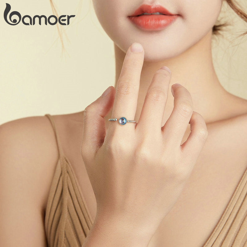 bamoer 925 Sterling Silver Moonlight Lover Finger Rings for Women Vintage Retro Synthetic Moonstone Rings Fine Jewelry SCR698