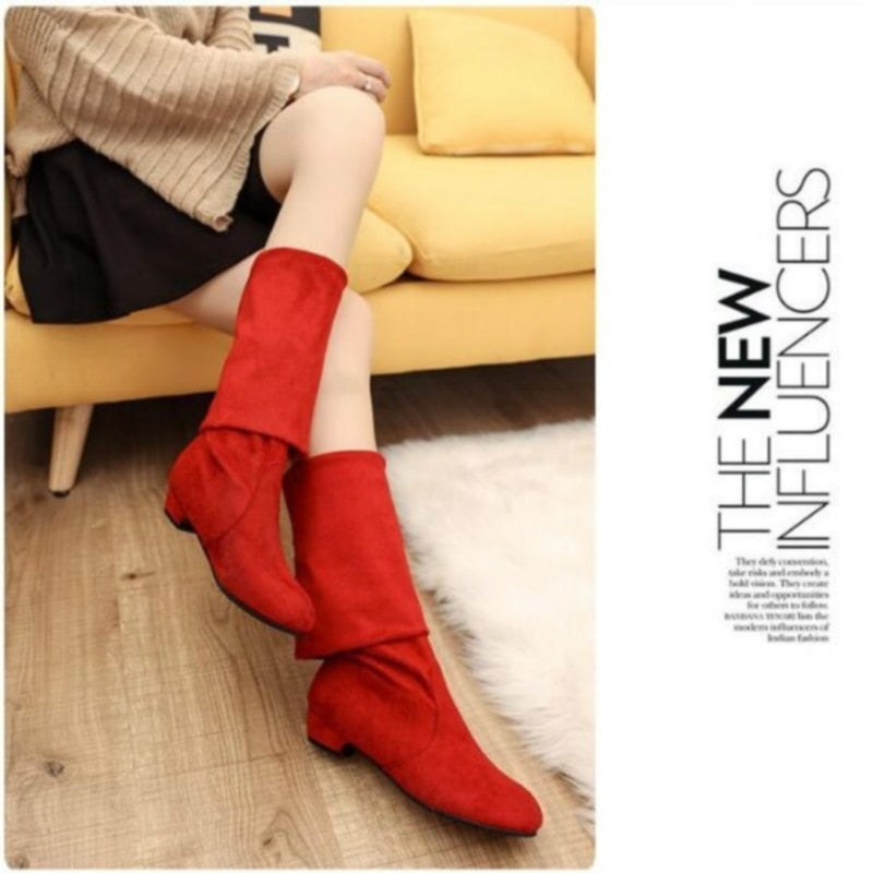 2022 Autumn Winter Women Boots Mid-Calf Martin Boots Brand Fashion Female Stretch Cotton Fabric Slip-on Boots Flat Shoes Woman