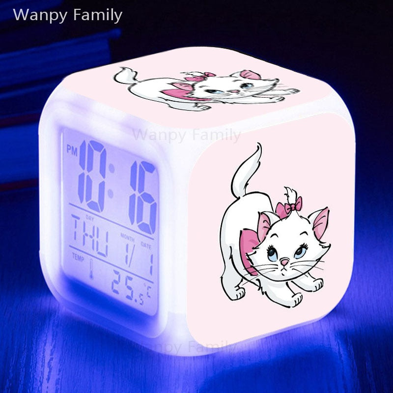 Cute Marie Cat Alarm Clock 7 Color Glowing LED Digital Clock Kids Room Touch Sensing Small Night Lamp Desk Clock Gift For Child