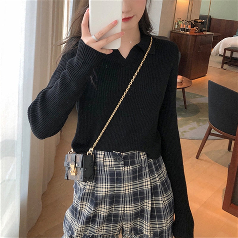 2022 New Lapel Polo Neck Knitted Bottoming Top Women's Autumn Winter Solid Color Base All Match Causal Sweater For Fashion