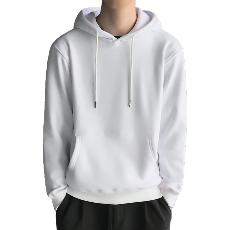 Men Hoodie Solid Color Ribbed Cuff Autumn Winter Drawstring Warm Sweatshirt for Daily Wear