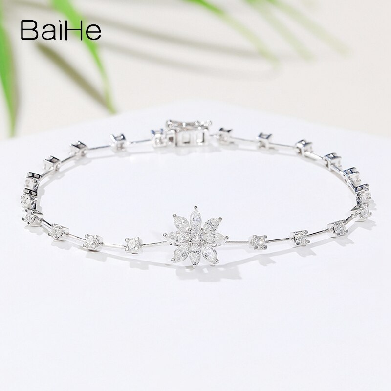 BAIHE Solid 18K White Gold H/SI Natural Diamond Luxury Flower Bracelet Women Trendy Fine Jewelry pulseras mujer браслеты браслет