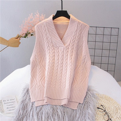 Autumn Women's Sweater Vest V-neck Sleeveless Irregular Casual Loose Knitted Pullover Tops Female Outerwear