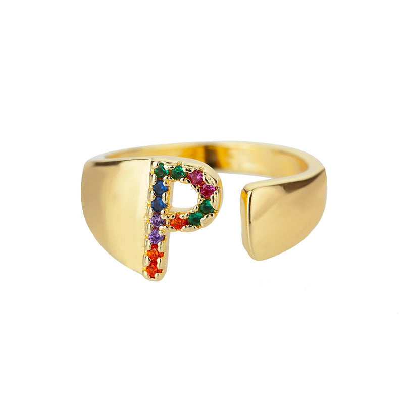 Rainbow Zircon Letter Rings For Women Stainless Steel A-Z Initial Ring Adjustable Finger Ring Wedding Couple Rings Boho Jewelry