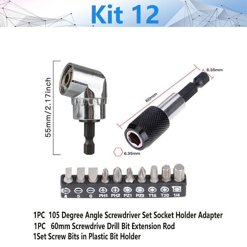 Adjustable 105 Degree Right Angle Driver Screwdriver  Tools Set 1/4 Hex Shank For Power Drill Screwdriver Bits Tools