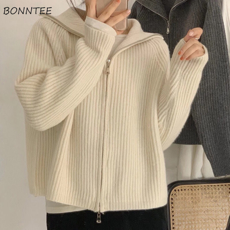 Sweater Cardigan Women Spring New Solid Vintage All-match Elegant Zipper Loose Daily Soft Sweet Simple Casual Knitwear Chic Teen