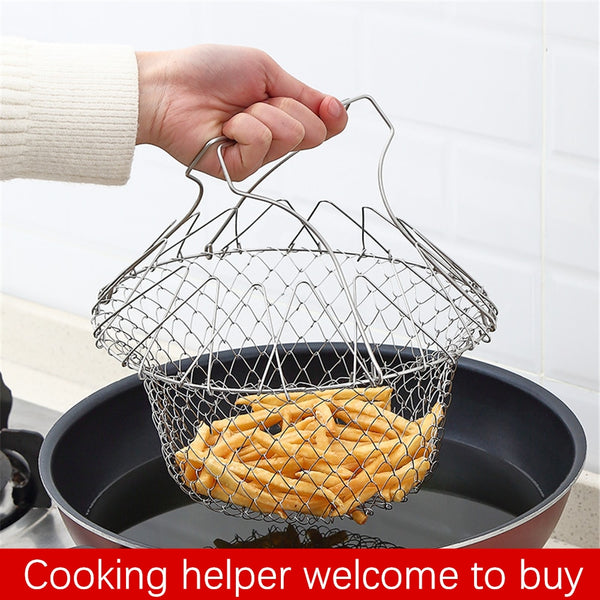 304 Stainless Steel Telescopic Frying Basket Foldable Potato Basket Colander Multi-function Kitchen Tool Frying Drainer