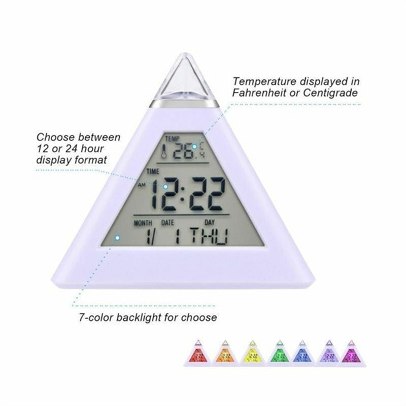 Pyramid LCD Alarm Table Clock Thermometer Digital Table Clock 7 Colors Backlight Changeable Led Clock Home Night Light