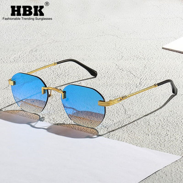 HBK Blue MIRROR Frameless Gold Metal Ladies Sunglasses Men Rimless Brown Sun Glasses For Women Fashion Shades Cutting Eyeglass