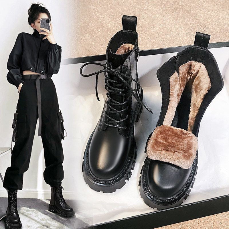 Women&#39;s Winter Combat Boots 2022 New Fur Black Platform Boots For Women Punk Gothic Shoes Ankle Boots Female Brand Designer