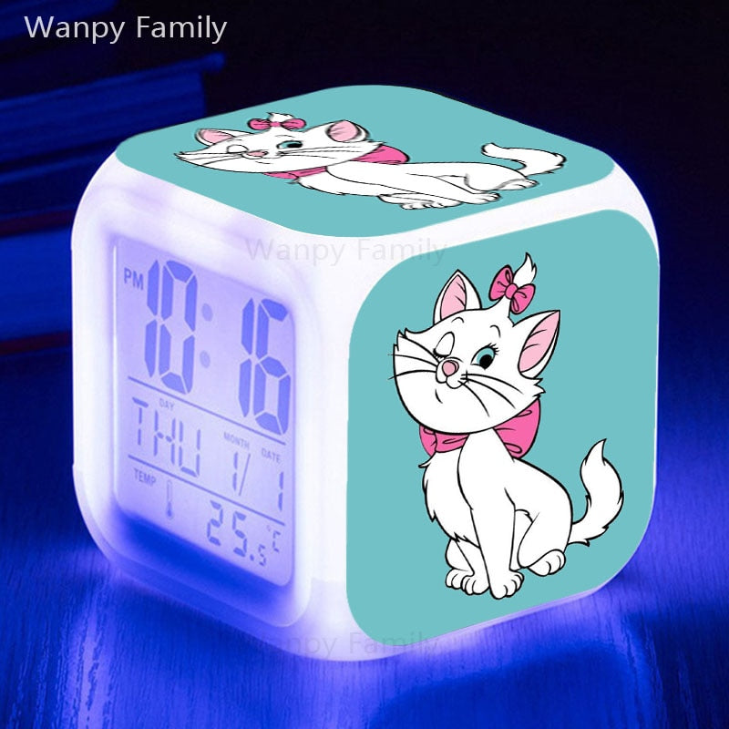 Cute Marie Cat Alarm Clock 7 Color Glowing LED Digital Clock Kids Room Touch Sensing Small Night Lamp Desk Clock Gift For Child