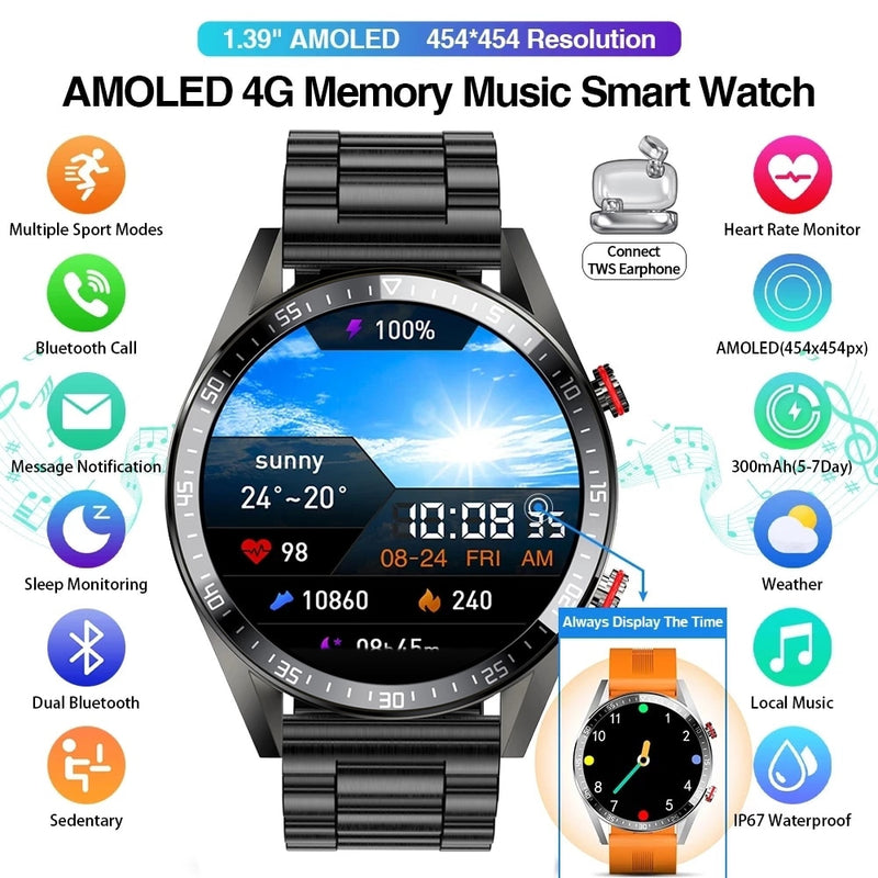 LIGE New 454*454 Screen Smart Watch Always Display The Time Bluetooth Call Local Music Smartwatch For Mens Android TWS Earphones